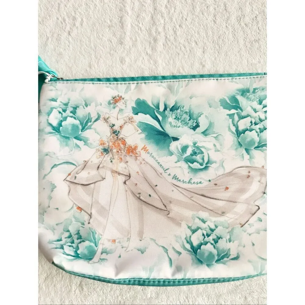 Moroccan oil bride illustration cosmetics bag with turquoise, white, and orange